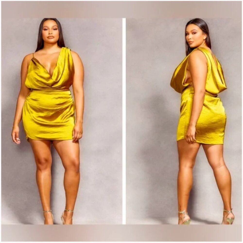 PRETTY LITTLE THING x Naomi Campbell Chartreuse Satin Extreme Cowl Bodycon Dress